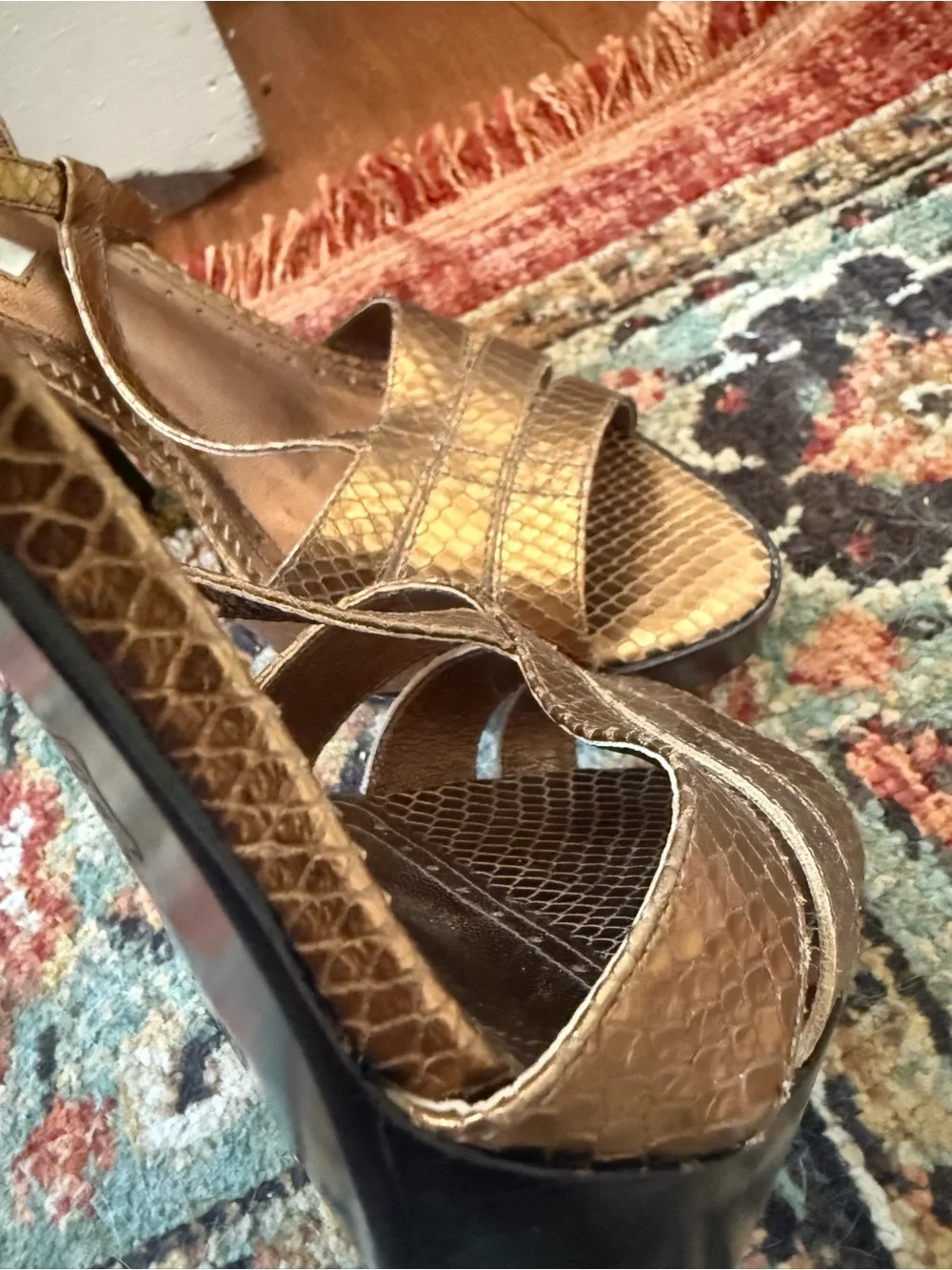 Via Spiga Bronze Snake-Embossed y2k Platform Slingback Heels